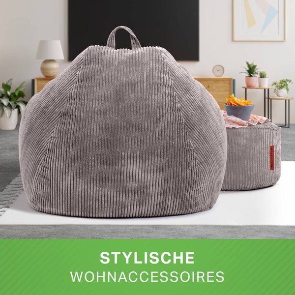 Green Bean 2er Set Indoor XXL Sitzsack + Pouf mit EPS-Perlen Füllung - Fußhocker Fußkissen Hocker Bodenkissen Liegekissen Sitzkissen Lounge Chair - Grau