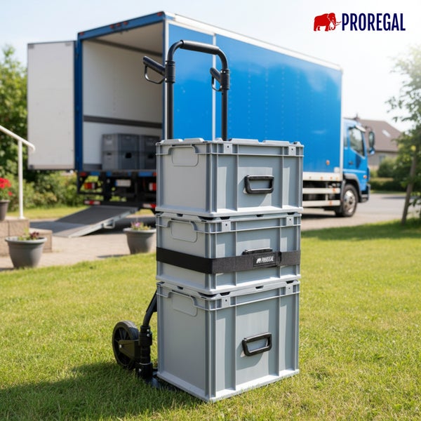 Proregal Logo. Sackkarre mit drei stapelbaren Euroboxen vor einem Lastkraftwagen auf einer Wiese.