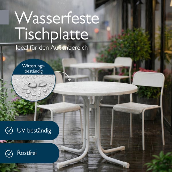 Weißer runder Gartentisch mit Stühlen auf nasser Terrasse. Die Tischplatte ist wasserfest, witterungs- und UV-beständig sowie rostfrei.