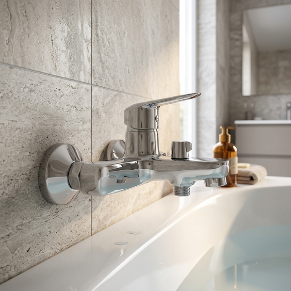 Moderne Einhand-Wannenarmatur aus verchromtem Metall zur Wandmontage in einem hellen Badezimmer über einer weißen Badewanne.