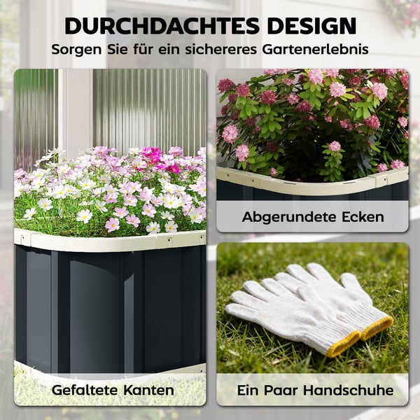 Hochbeet mit gefalteten Kanten, abgerundeten Ecken und einem Paar Gartenhandschuhe für ein sicheres Gartenerlebnis.