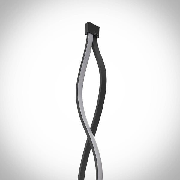 Moderne schwarze LED-Stehleuchte mit zwei wellenförmig geschwungenen Elementen aus Metall.