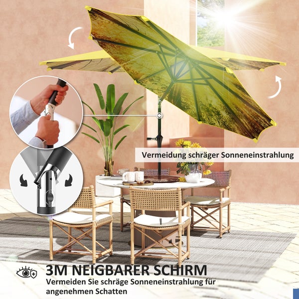 Outsunny Sonnenschirm Ø300 cm, Sonnenschirm mit Handkurbel, Muster，achteckig Balkonschirm Strandschirm windfest stabil Marktschirm Kurbelschirm Sonnenschutz für Strand Balkon Terrasse Garten, Gelb