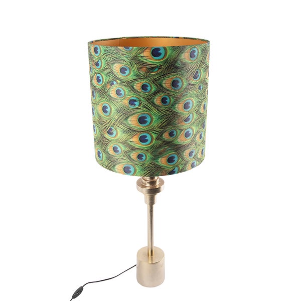 Tischleuchte mit Pfauenmuster auf Lampenschirm