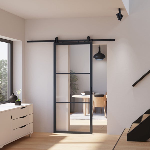 Glasschiebetür Komplettset Loftstyle offene Laufschiene Klarglas beidseitiger Softclose -  880x2035mm