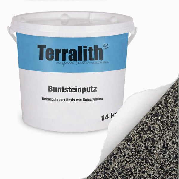 Terralith Buntsteinputz 14 Kilogramm, Dekorputz auf Reinacrylatbasis mit Detailansicht der grauen und schwarzen Steinkörnung.