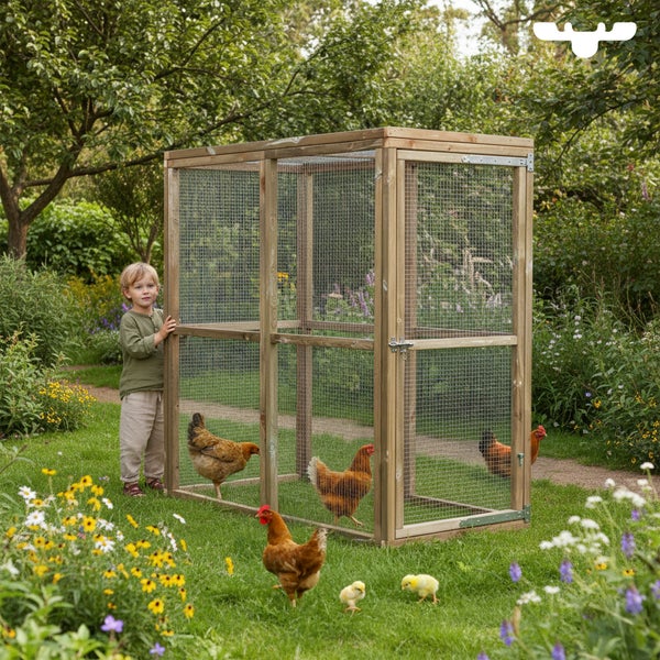 Hühnerstall aus Holz mit Maschendraht und Hühnern im Garten