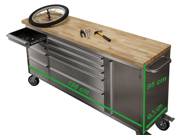 Werkbankwagen aus Edelstahl mit Holzplatte und mehreren Schubladen