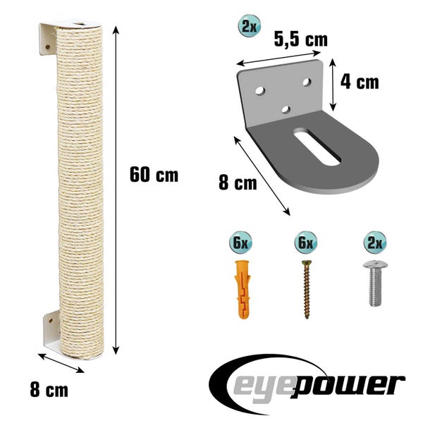 Wandkratzstamm von Eyepower mit Sisalseil, 60 Zentimeter lang, inklusive zwei L-Winkeln, Schrauben und Dübeln zur Wandmontage.