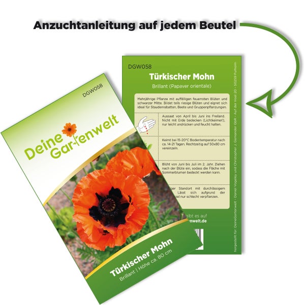 Samentüte für Türkischen Mohn Brillant von Deine Gartenwelt mit Vorder- und Rückseite sowie einer Anzuchtanleitung auf der Packung.