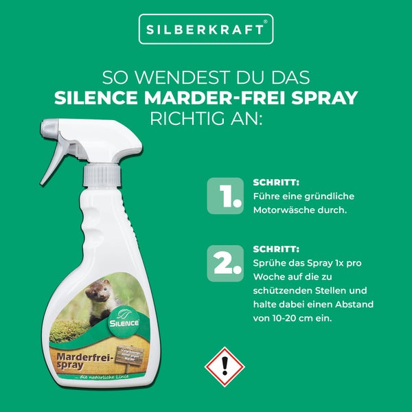 Silence Marder-Frei Spray zur Marderabwehr am Auto, schützt Kabel, Schläuche und Dämmmaterial im Motorraum, Spray für Garage, Carport, Stellplatz und Parkplatz, einfache Anwendung
