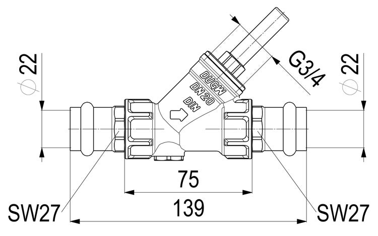 Technische Zeichnung Schrägsitzventil mit Pressanschlüssen 22 Millimeter, Nennweite 20, Gesamtlänge 139 Millimeter und Schlüsselweite 27.
