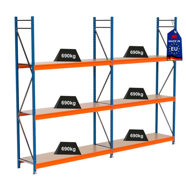 Schwerlastregal mit drei Ebenen und Belastungsgewichten von 690 Kilogramm