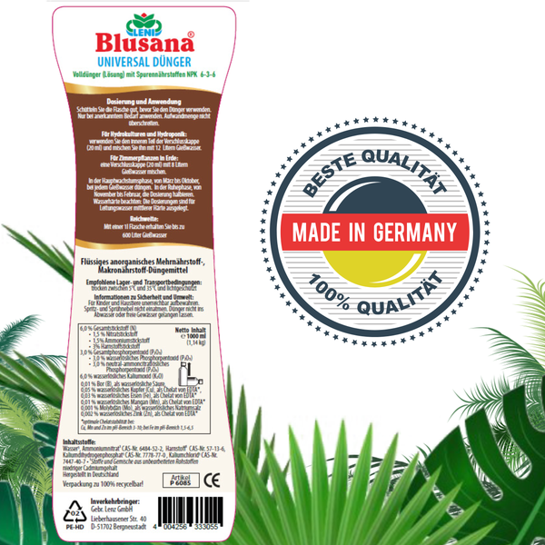 Blusana Premium Universal Flüssigdünger XL 1 Liter  NPK Dünger 6-3-6 für Zierpflanzen Obst- und Gemüse Hydrokultur Hydroponik Erde