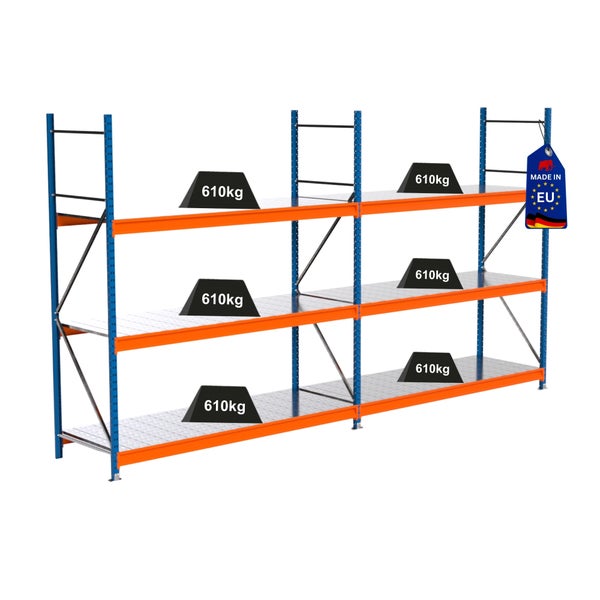 Lagerregal mit Belastungsgewichten und Made in EU Siegel