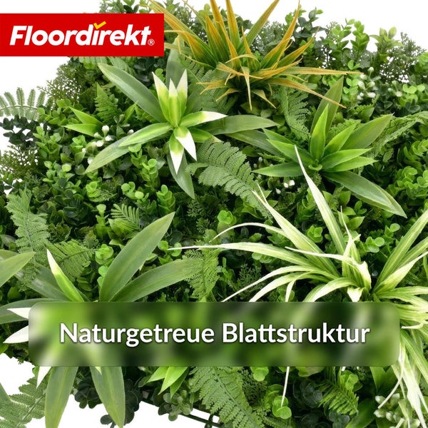 Künstliche Pflanzenwand mit naturgetreuer Blattstruktur aus Farnen und Gräsern, Floordirekt Logo.