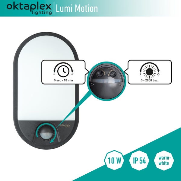 LED Aussenlampe Oval 3000K mit Bewegungsmelder IP54 10W 800Lm anthrazit elegante Aussenleuchte für Garten und Terrasse Ovallampe