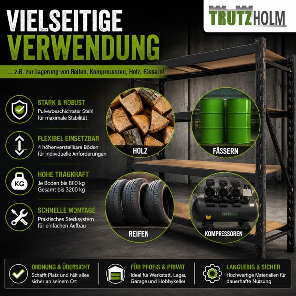 Trutzholm Schwerlastregal aus Stahl, 4 verstellbare Böden, 3200 kg Tragkraft, einfache Montage, vielseitig einsetzbar, Trutzholm Logo.
