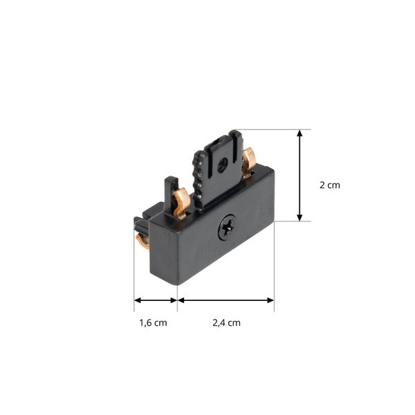 Schwarzer Adapter für Stromschienen mit Maßangaben 1,6 Zentimeter, 2,4 Zentimeter und 2 Zentimeter Höhe.