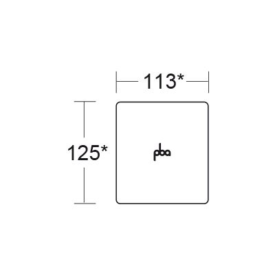 Maßzeichnung einer rechteckigen Abdeckung mit den Maßen 125 mal 113 Millimeter und pba Logo.