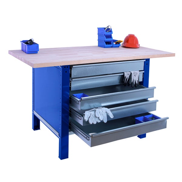 Werkbank BUFFALO WOOD mit 5x Schublade | HxBxT 86,5x150x75cm | Traglast 1000kg | Blau
