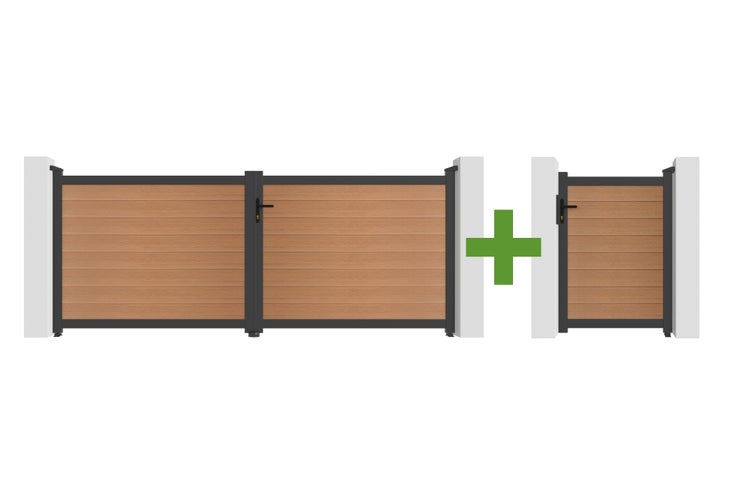 Set aus zweiflügeligem Einfahrtstor und einflügeliger Gartentür, Holzoptik mit dunklem Rahmen.