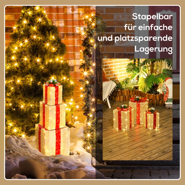 Drei goldene LED-Geschenkboxen mit roten Schleifen, stapelbar zur platzsparenden Lagerung, abgebildet im Garten und auf einer Terrasse.