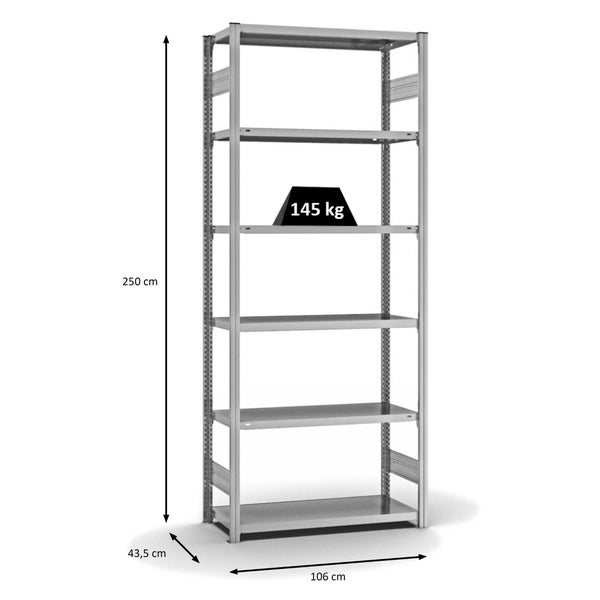 PROREGAL Fachbodenregal Stecksystem T-Profil Light-Duty Grundregal HxBxT 250 x 100 x 40 cm 6 Ebenen Fachlast 145 kg Beidseitig Nutzbar Verzinkt
