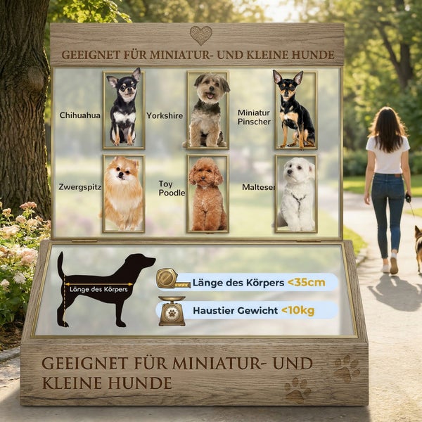 Holztafel für kleine Hunde bis 10 Kilogramm und weniger als 35 Zentimeter Länge. Mit Rassen wie Chihuahua, Yorkshire Terrier und Zwergpinscher.