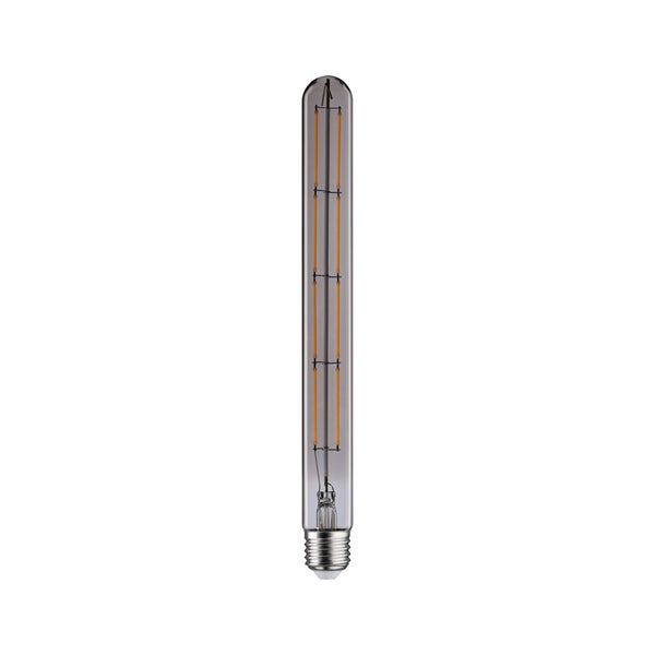 Lange röhrenförmige LED-Filament-Lampe mit Rauchglas und E27-Sockel.