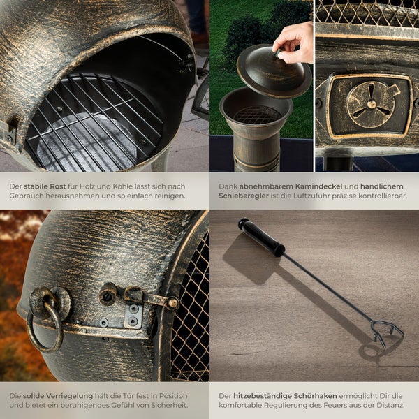 Detailansicht eines Terrassenofens mit Grillrost, abnehmbarem Kamindeckel, Luftregler, Türverriegelung und Schürhaken