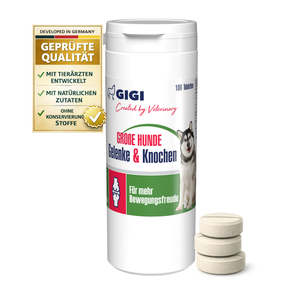 GIGI Ergänzungsfuttermittel für Gelenke und Knochen großer Hunde, 100 Tabletten und drei einzelne Tabletten, qualitätsgeprüft, natürliche Zutaten.