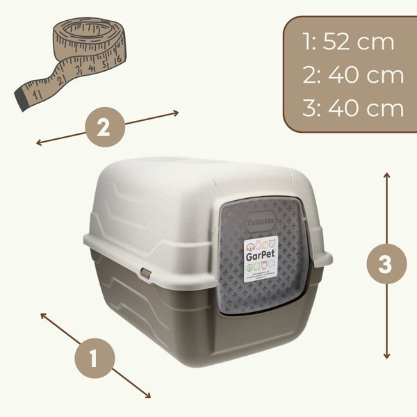 Haubentoilette für Katzen von GarPet mit Maßen: Länge 52 Zentimeter, Breite 40 Zentimeter, Höhe 40 Zentimeter.