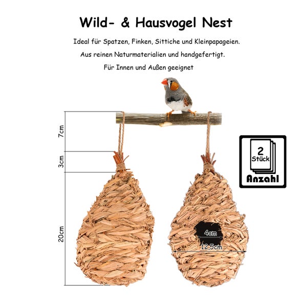 2x Nisttasche Vogelnest gewebt 27 x 12 cm - 100% Naturprodukt - für Vögel wie Kohlmeisen, Spatz, Rotkehlchen, Zebrafinken - Nistkasten Vogel Unterschlupf