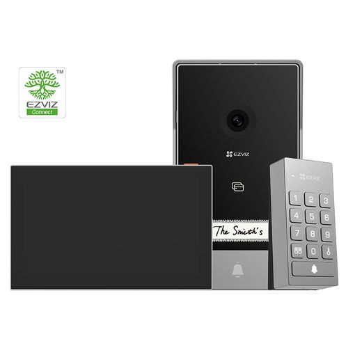EZVIZ Connect Siegel, EZVIZ Logo und Video-Türklingel mit Tastenfeld