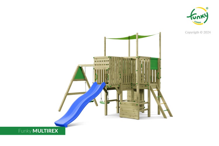 Spielturm Funky MULTIREX aus Holz mit blauer Rutsche, Schaukel, Kletterleiter und Sonnensegel.