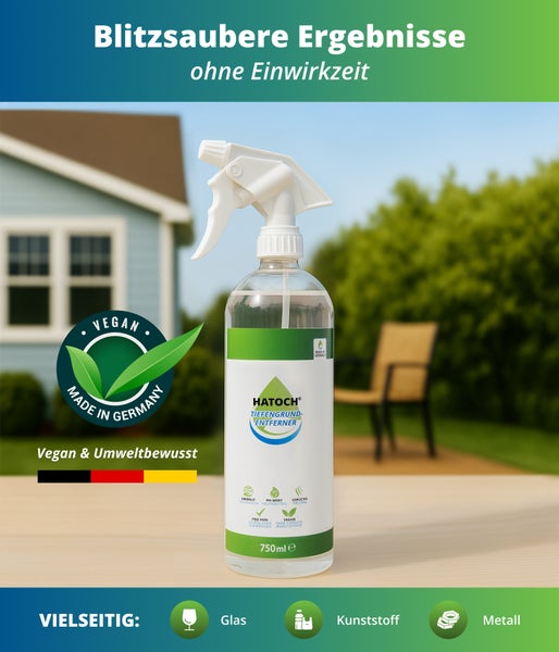 HATOCH Tiefengrund-Entferner 750 Milliliter Sprühflasche, vegan, umweltbewusst, hergestellt in Deutschland, geeignet für Glas, Kunststoff und Metall.