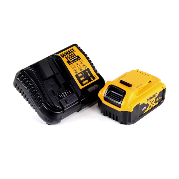 DeWALT Ladegerät und 18 Volt Lithium-Ionen Akku mit 5,0 Amperestunden Kapazität.