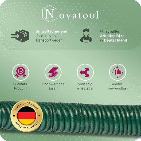 Novatool Logo, Icons für Qualität, hochwertiges Eisen, vielseitig, wiederverwendbar und Made in Germany Siegel auf grünem Draht.