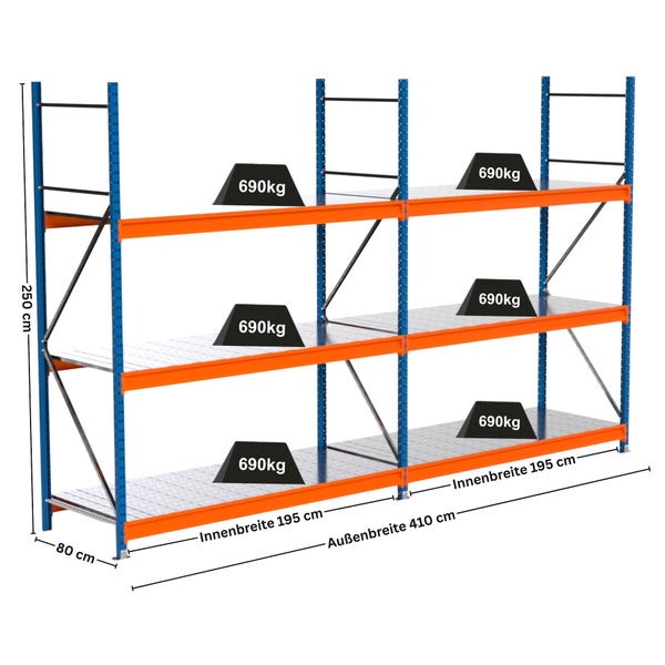 Abbildung eines Schwerlastregals mit drei Ebenen und den Maßangaben
