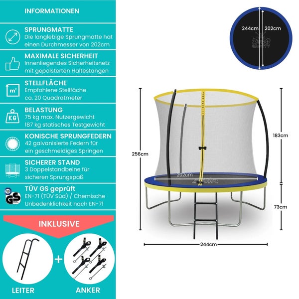 Trampolin mit Sicherheitsnetz, Leiter und Ankern zur Befestigung