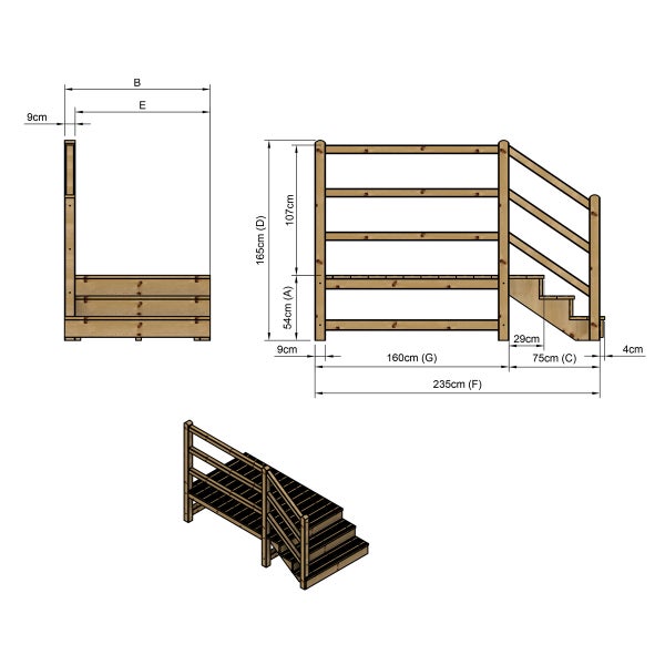 Technische Zeichnung einer Holztreppe mit Maßen.