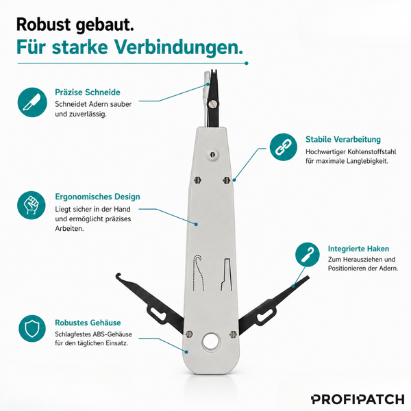 LSA-Anlegewerkzeug von PROFIPATCH mit präziser Schneide, ergonomischem Gehäuse, integrierten Haken und Kohlenstoffstahl-Verarbeitung. PROFIPATCH Logo.