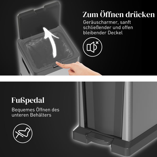 Mülleimer mit Druckknopf für einen geräuscharmen, sanft schließenden Deckel und einem Fußpedal für den unteren Behälter.