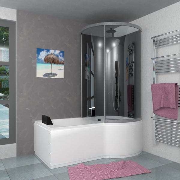 Duschpaneel mit Handbrause, Regenduschkopf, drei Bedienelementen und einer Glasablage auf schwarzen Paneelen.