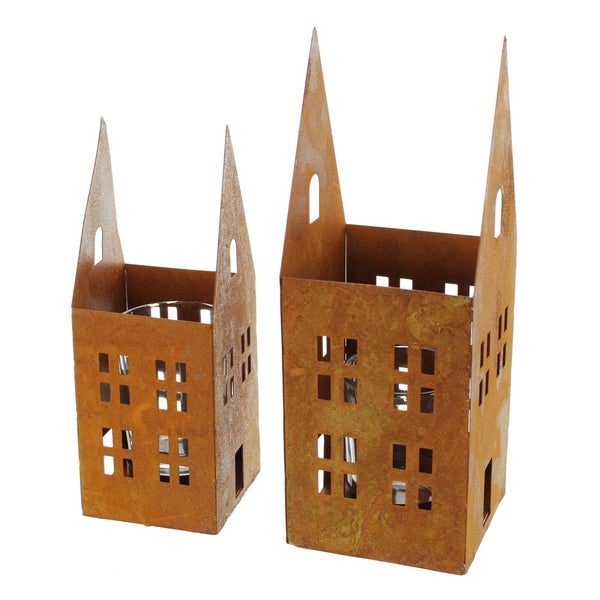 FRANK FLECHTWAREN | Windlicht Rostoptik, 2er Set, METALL, 6 x 6 x 18 cm, 8 x 8 x 22 cm, Glas Ø 5 x 7 cm, ohne Teelichter