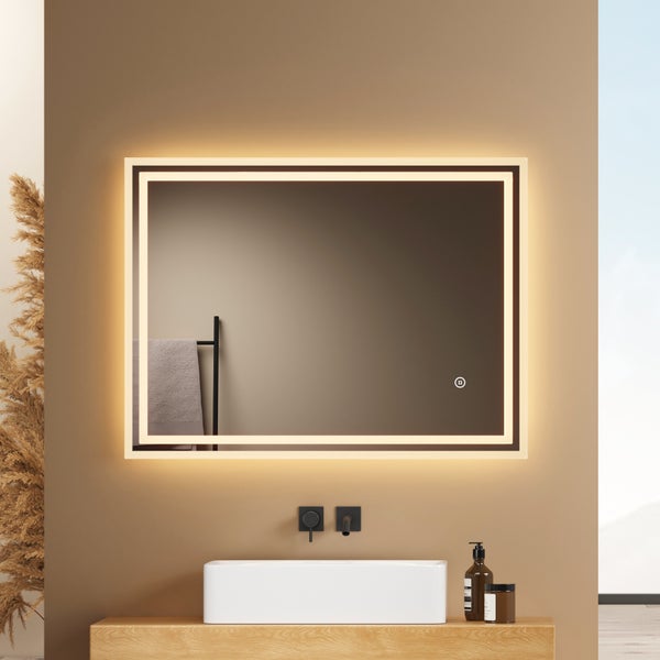 EMKE Badspiegel mit Beleuchtung 80 x 60 cm, LED-Spiegel mit Touchschalter, Anti-Beschlag, Kaltweiß/Warmweiß/Neutralweiß