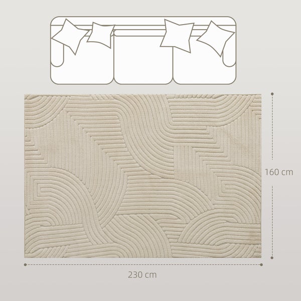 Rechteckiger Teppich mit abstraktem Muster aus Linien und Kurven, Maße 160 mal 230 Zentimeter, maßstabsgetreu vor einem Sofa dargestellt.