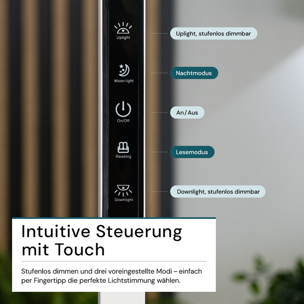 Bedienfeld einer Leuchte mit Touchfunktion zur Steuerung von Uplight, Mondlicht, An/Aus, Lesemodus und Downlight.