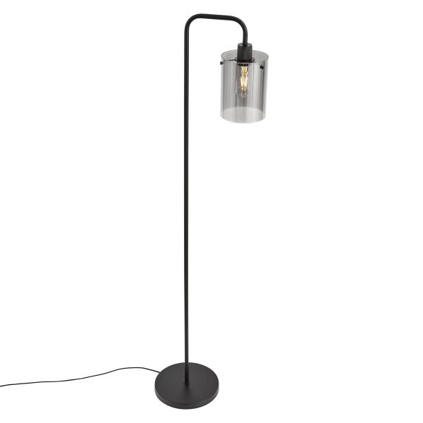 Moderne Stehleuchte aus schwarzem Metall mit einem zylindrischen Schirm aus Rauchglas und sichtbarem Leuchtmittel.